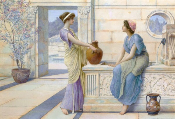 Duas mulheres da Grécia Antiga enchendo seus jarros de água em uma fonte (mulheres de Corinto - Pintura de Henry Ryland - 1898